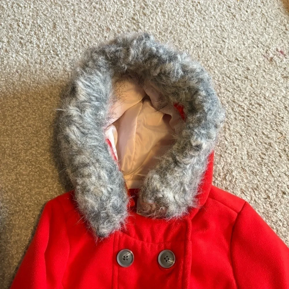 Cat & Jack Red Faux Fur Trim Hooded Pea Coat Small 6/6X Double Breasted